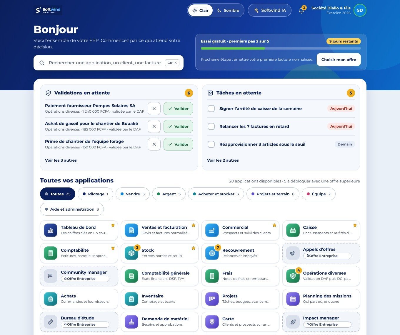 Écran d'accueil du logiciel Softwind